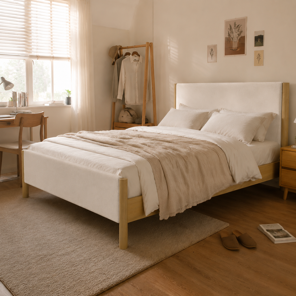 White Boucle Upholstered Platform Bed