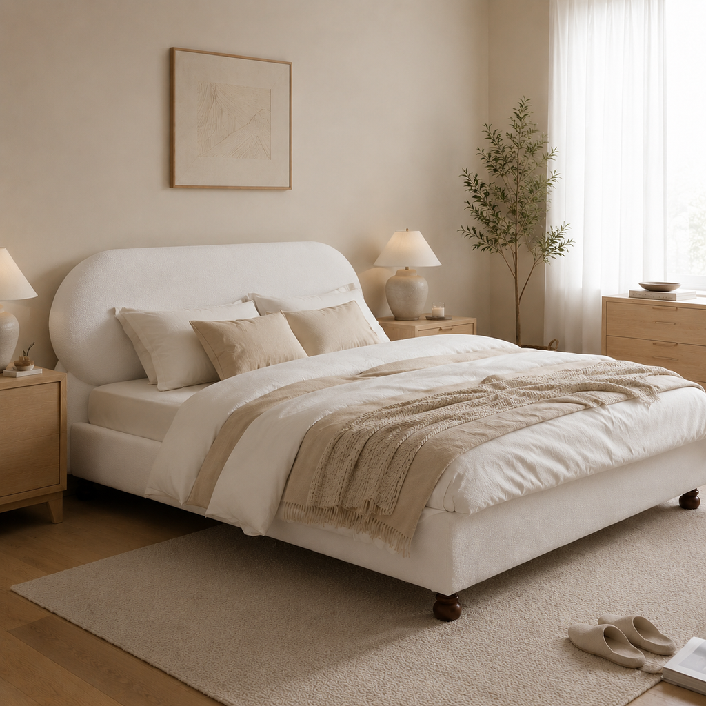 Cream Boucle Upholstered Platform Bed