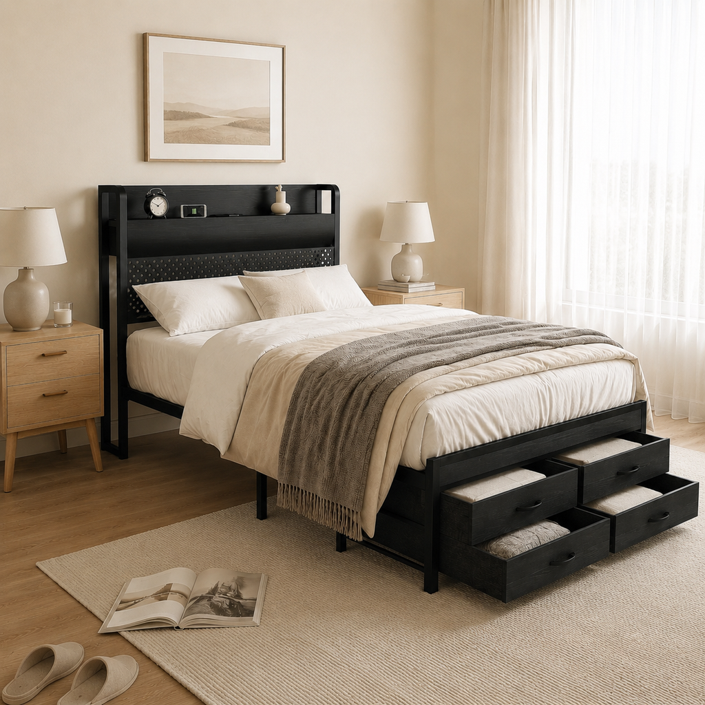 Metal Platform Bed with 4 Storage Drawers