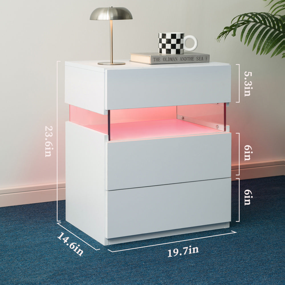 LED Nightstand with 3 Drawers & Acrylic Board — Multi-Color RGB LED Bedside Table | Modern Dresser | Spacious Nightstand Storage | Remote-Controlled Lighting | Bedroom, Living Room & Dorm | Particle Board + MDF | Grey+Gold