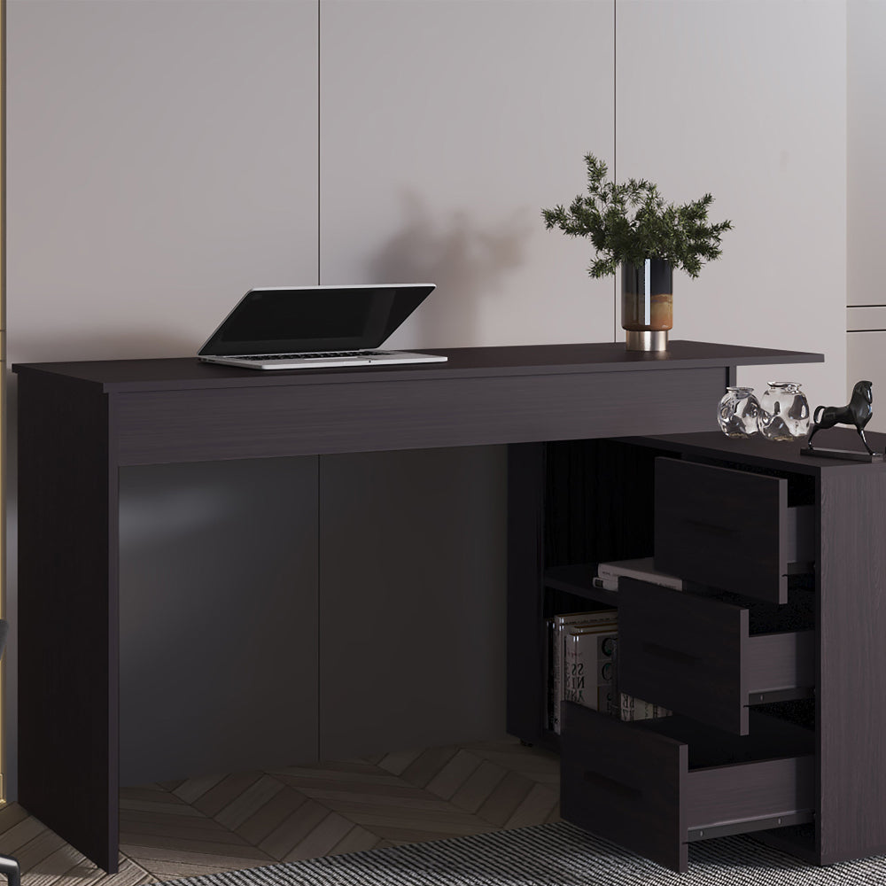 Wenge L-Shaped Desk with 3 Drawers and Storage