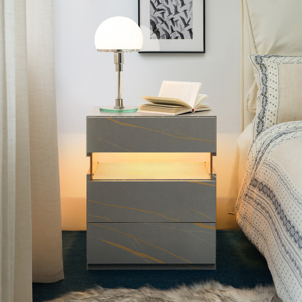 LED Nightstand with 3 Drawers & Acrylic Board — Multi-Color RGB LED Bedside Table | Modern Dresser | Spacious Nightstand Storage | Remote-Controlled Lighting | Bedroom, Living Room & Dorm | Particle Board + MDF | Grey+Gold