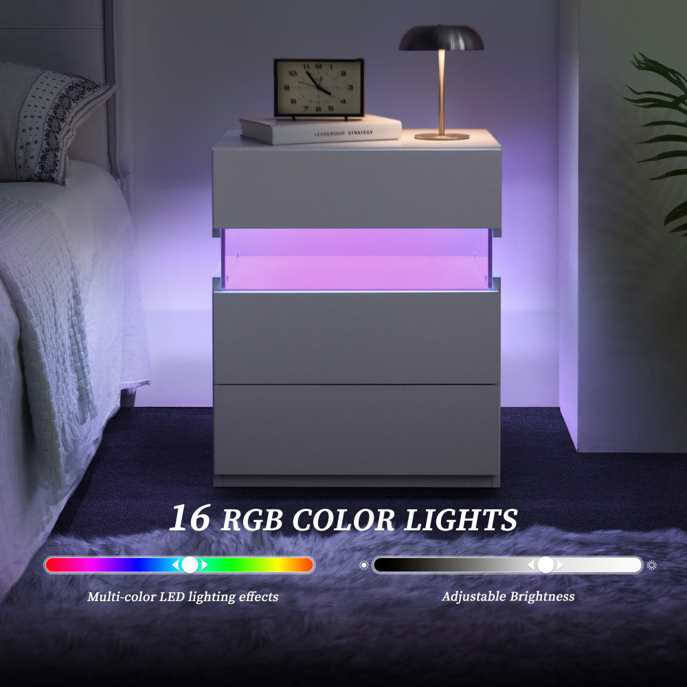 LED Nightstand with 3 Drawers & Acrylic Board — Multi-Color RGB LED Bedside Table | Modern Dresser | Spacious Nightstand Storage | Remote-Controlled Lighting | Bedroom, Living Room & Dorm | Particle Board + MDF | Grey+Gold