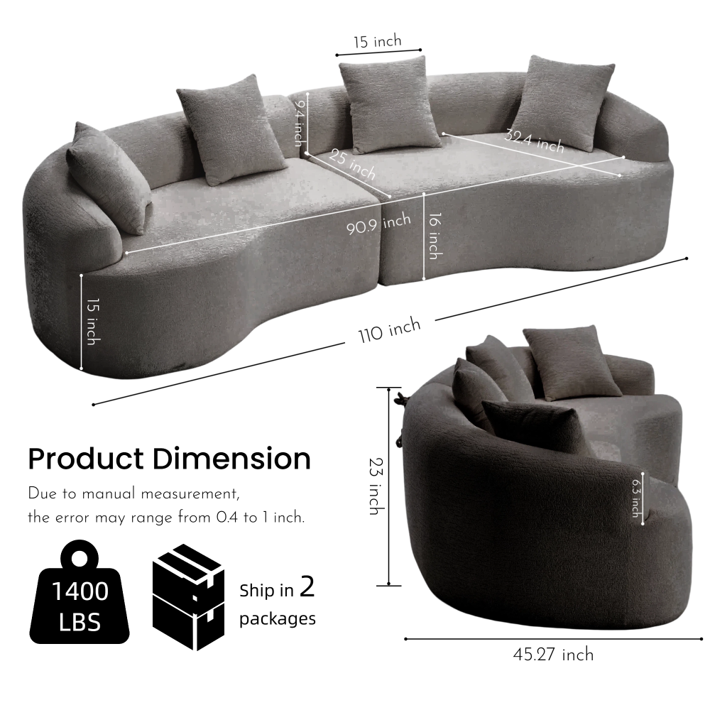 110" Curved Boneless Sectional Sofa 4-Seat
