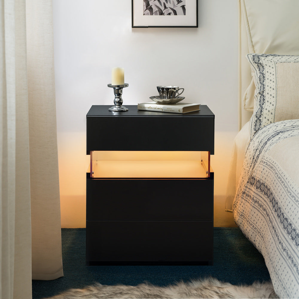 LED Nightstand with 3 Drawers & Acrylic Board — Multi-Color RGB LED Bedside Table | Modern Dresser | Spacious Nightstand Storage | Remote-Controlled Lighting | Bedroom, Living Room & Dorm | Particle Board + MDF | Grey+Gold