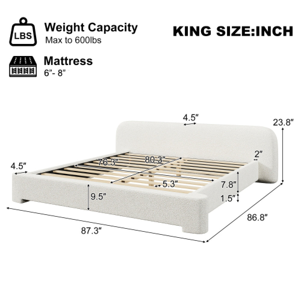 White Boucle Upholstered Low Profile Platform Bed