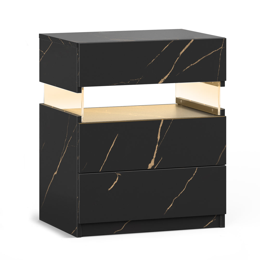 LED Nightstand with 3 Drawers & Acrylic Board — Multi-Color RGB LED Bedside Table | Modern Dresser | Spacious Nightstand Storage | Remote-Controlled Lighting | Bedroom, Living Room & Dorm | Particle Board + MDF | Grey+Gold