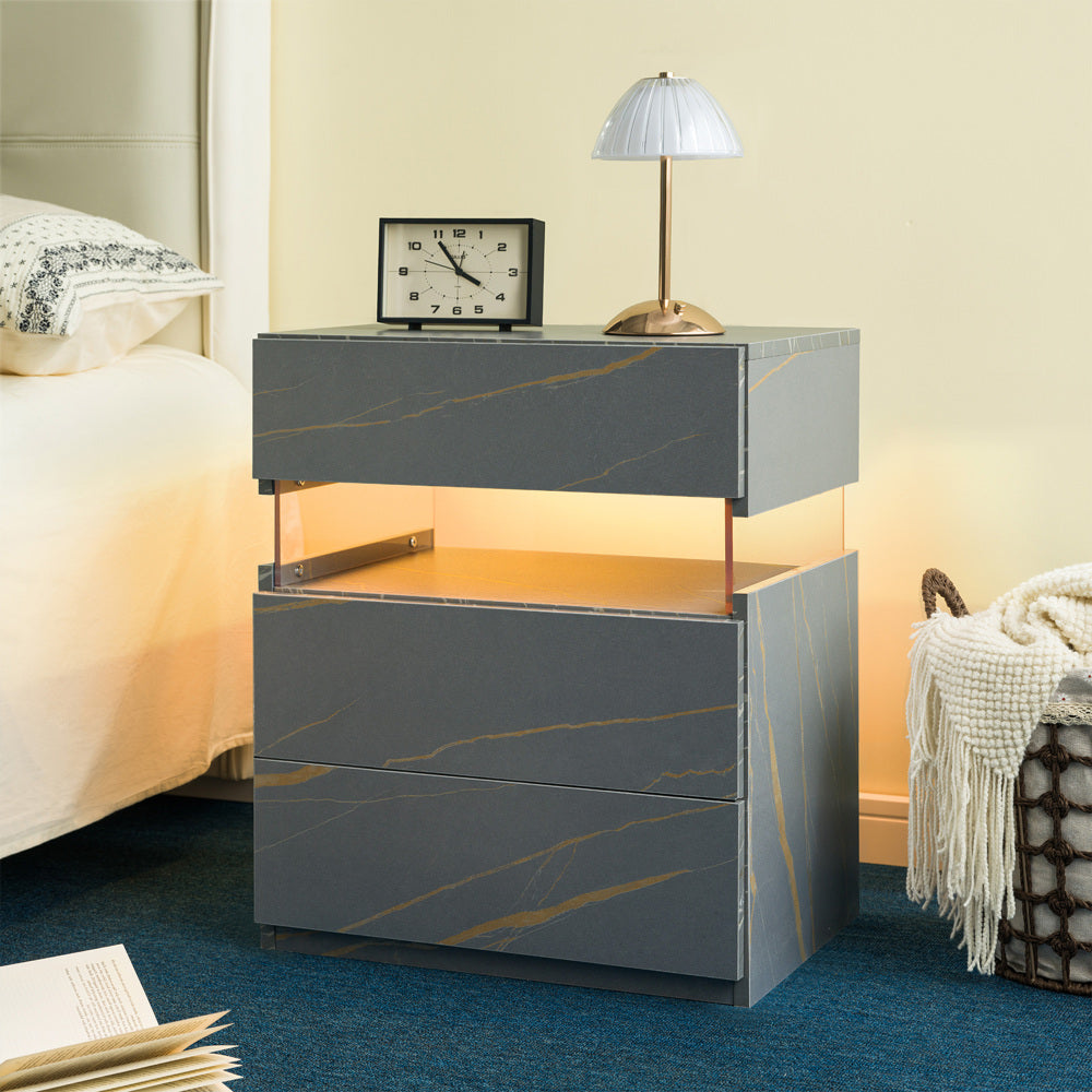 LED Nightstand with 3 Drawers & Acrylic Board — Multi-Color RGB LED Bedside Table | Modern Dresser | Spacious Nightstand Storage | Remote-Controlled Lighting | Bedroom, Living Room & Dorm | Particle Board + MDF | Grey+Gold