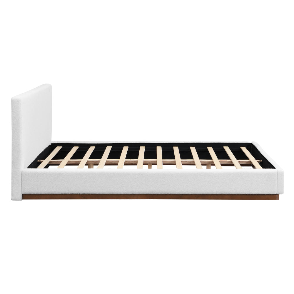 White Boucle Upholstered Platform Bed