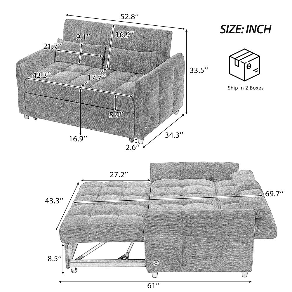 52.8" Loveseat Pull-Out Sleeper Sofa Bed