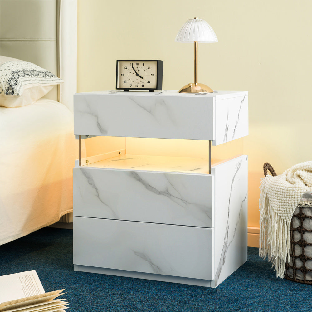 LED Nightstand with 3 Drawers & Acrylic Board — Multi-Color RGB LED Bedside Table | Modern Dresser | Spacious Nightstand Storage | Remote-Controlled Lighting | Bedroom, Living Room & Dorm | Particle Board + MDF | Grey+Gold