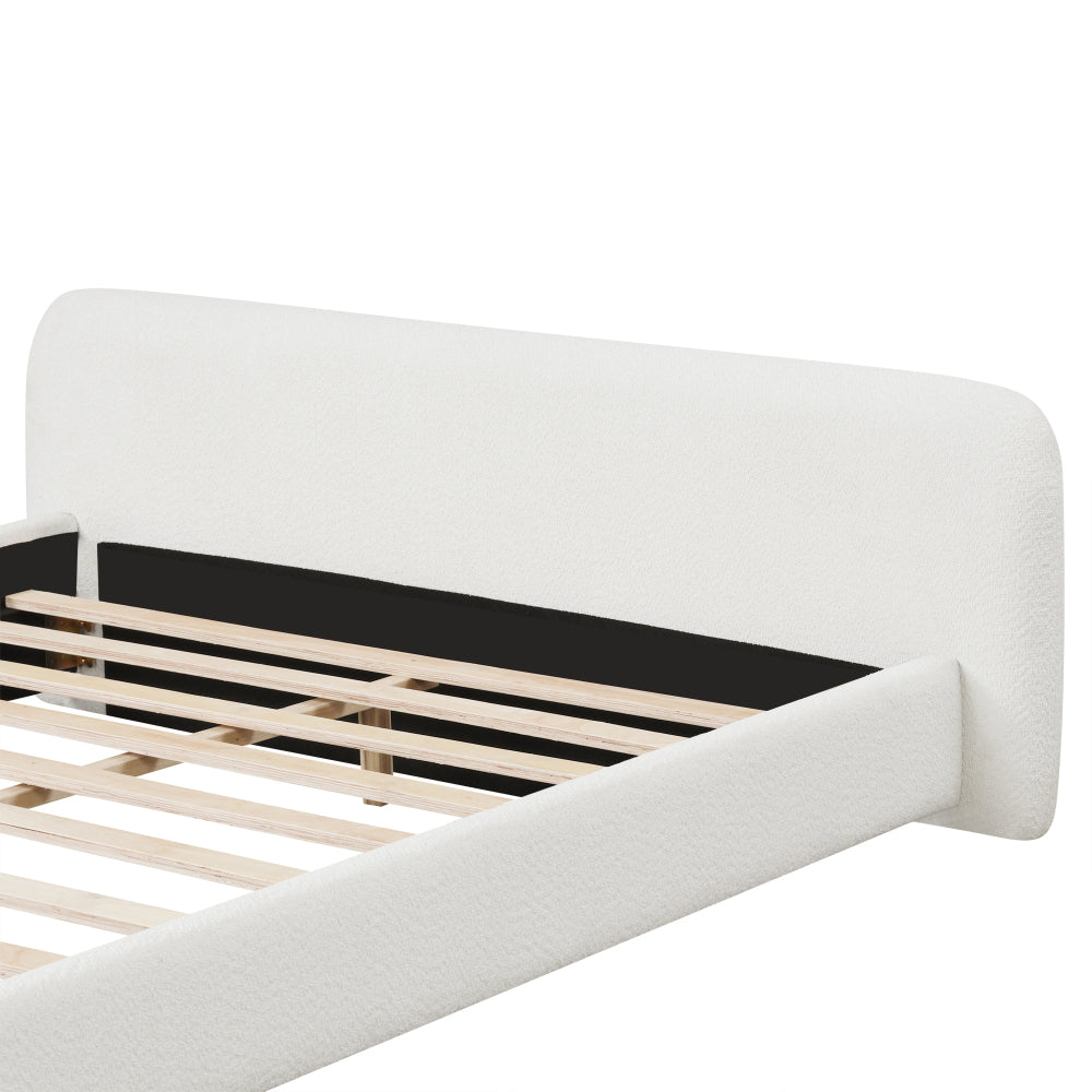 White Boucle Upholstered Low Profile Platform Bed