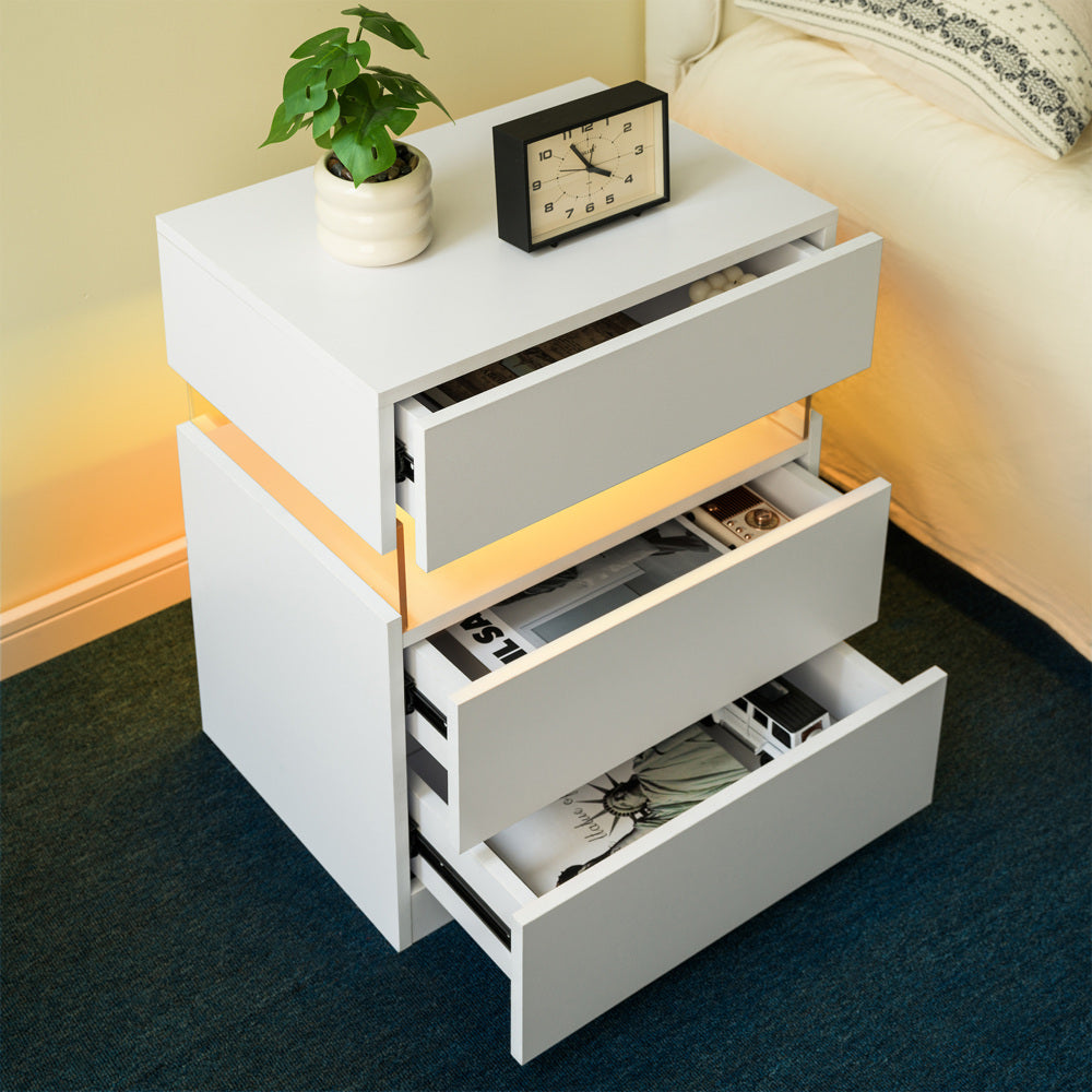 LED Nightstand with 3 Drawers & Acrylic Board — Multi-Color RGB LED Bedside Table | Modern Dresser | Spacious Nightstand Storage | Remote-Controlled Lighting | Bedroom, Living Room & Dorm | Particle Board + MDF | Grey+Gold