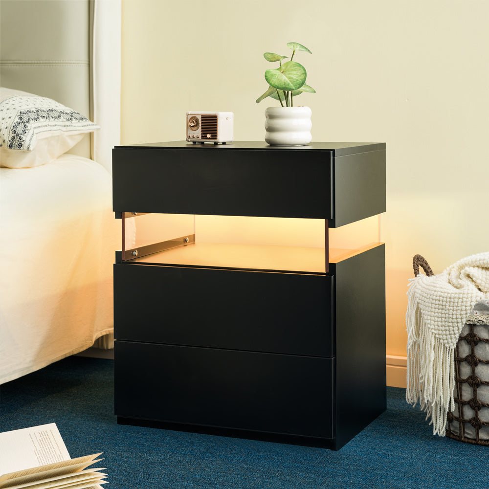 LED Nightstand with 3 Drawers & Acrylic Board — Multi-Color RGB LED Bedside Table | Modern Dresser | Spacious Nightstand Storage | Remote-Controlled Lighting | Bedroom, Living Room & Dorm | Particle Board + MDF | Grey+Gold