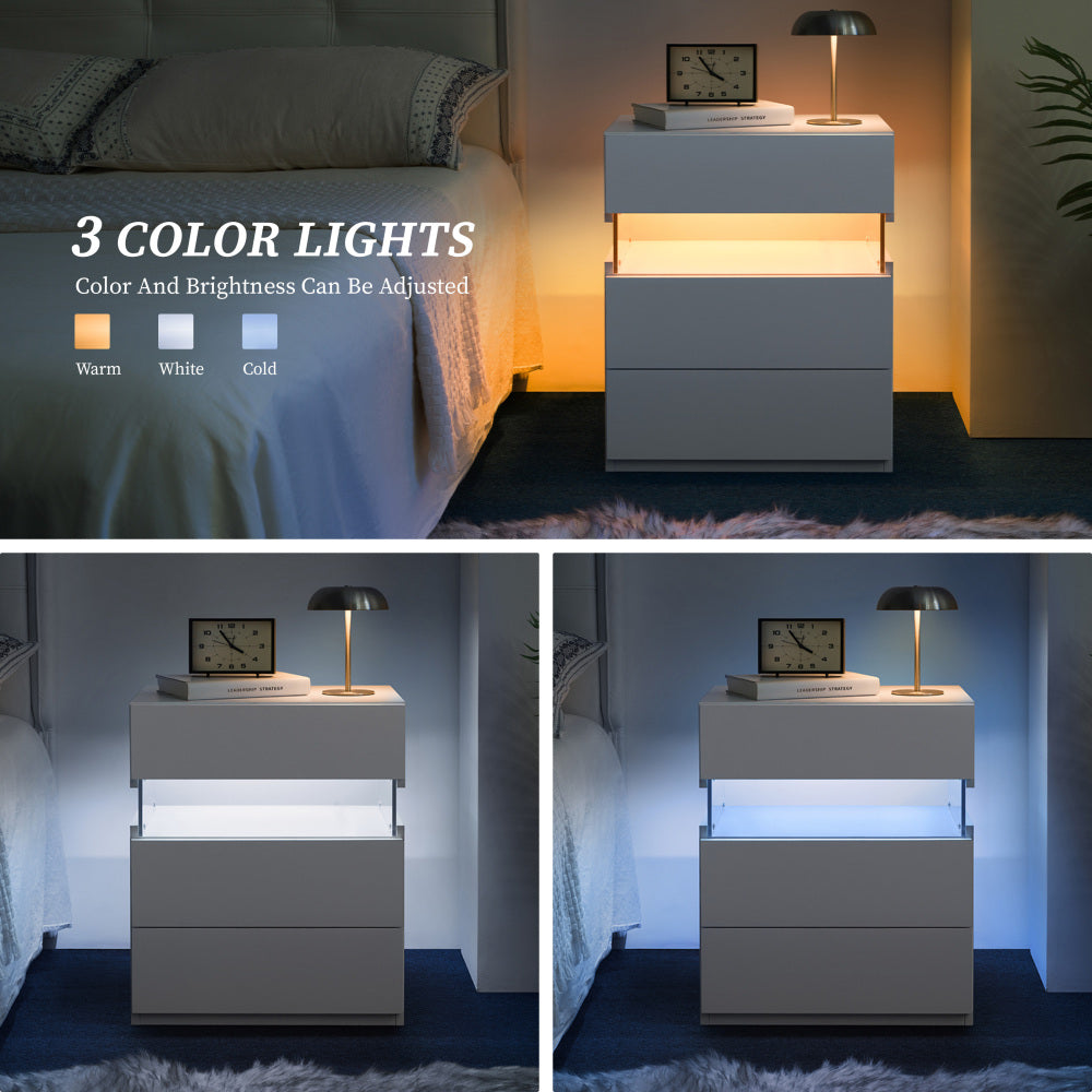 LED Nightstand with 3 Drawers & Acrylic Board — Multi-Color RGB LED Bedside Table | Modern Dresser | Spacious Nightstand Storage | Remote-Controlled Lighting | Bedroom, Living Room & Dorm | Particle Board + MDF | Grey+Gold