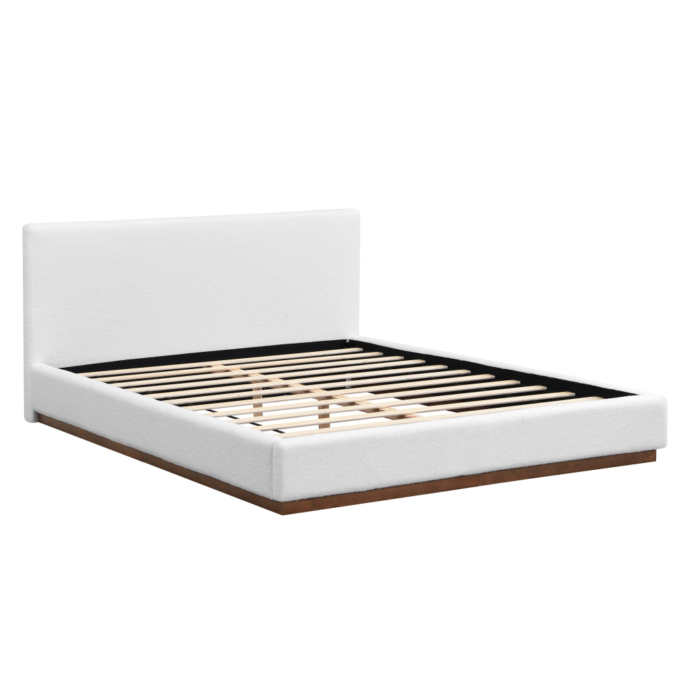 White Boucle Upholstered Platform Bed
