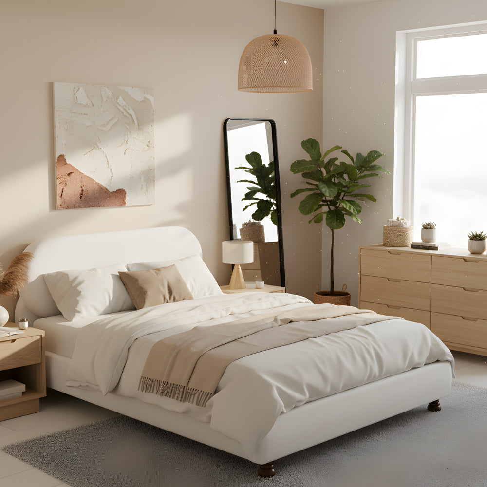Cream Boucle Upholstered Platform Bed