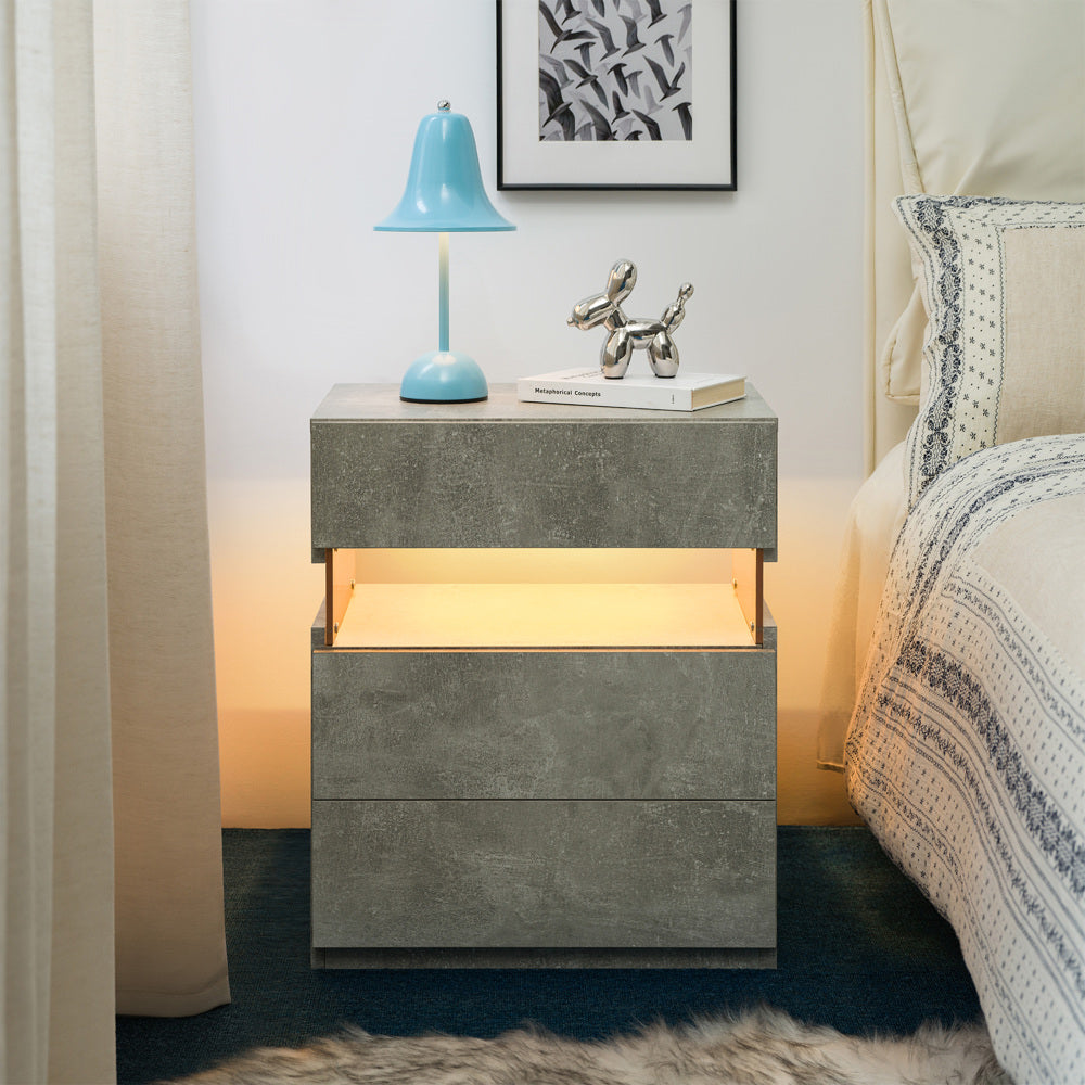LED Nightstand with 3 Drawers & Acrylic Board — Multi-Color RGB LED Bedside Table | Modern Dresser | Spacious Nightstand Storage | Remote-Controlled Lighting | Bedroom, Living Room & Dorm | Particle Board + MDF | Grey+Gold