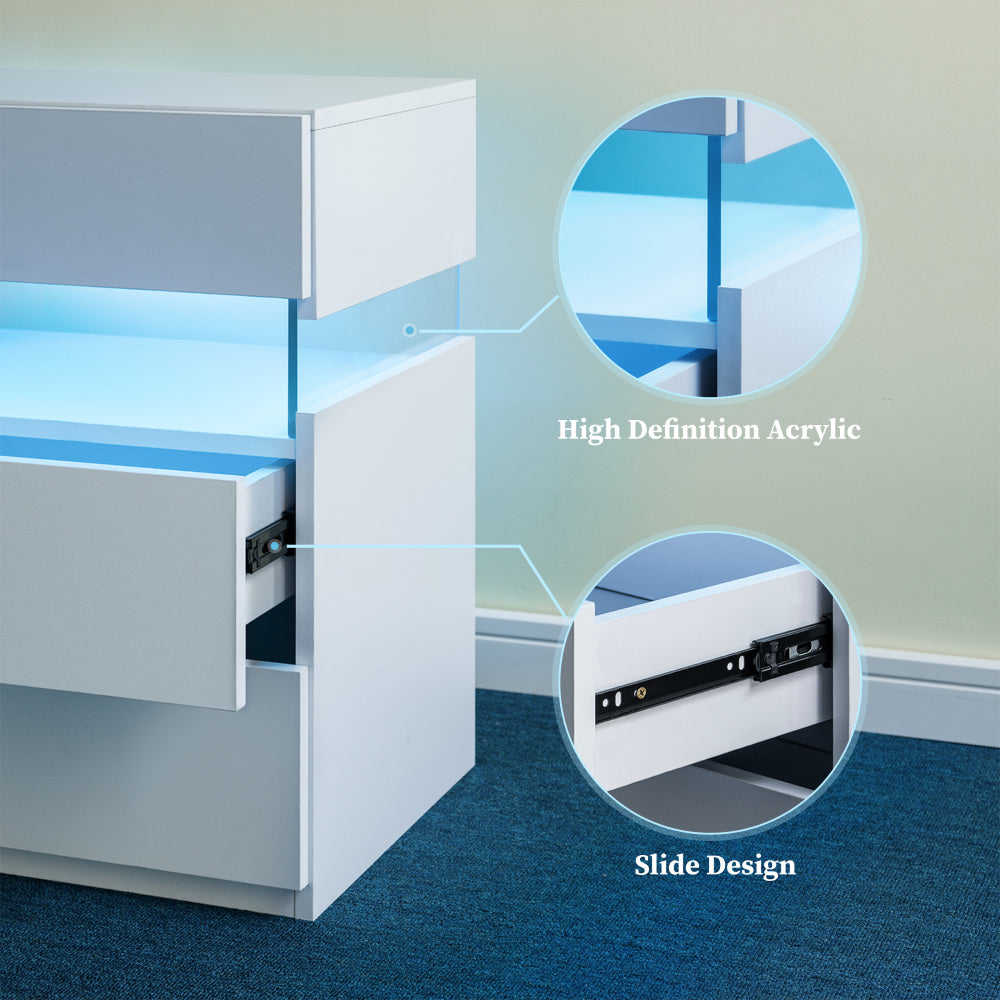 LED Nightstand with 3 Drawers & Acrylic Board — Multi-Color RGB LED Bedside Table | Modern Dresser | Spacious Nightstand Storage | Remote-Controlled Lighting | Bedroom, Living Room & Dorm | Particle Board + MDF | Grey+Gold