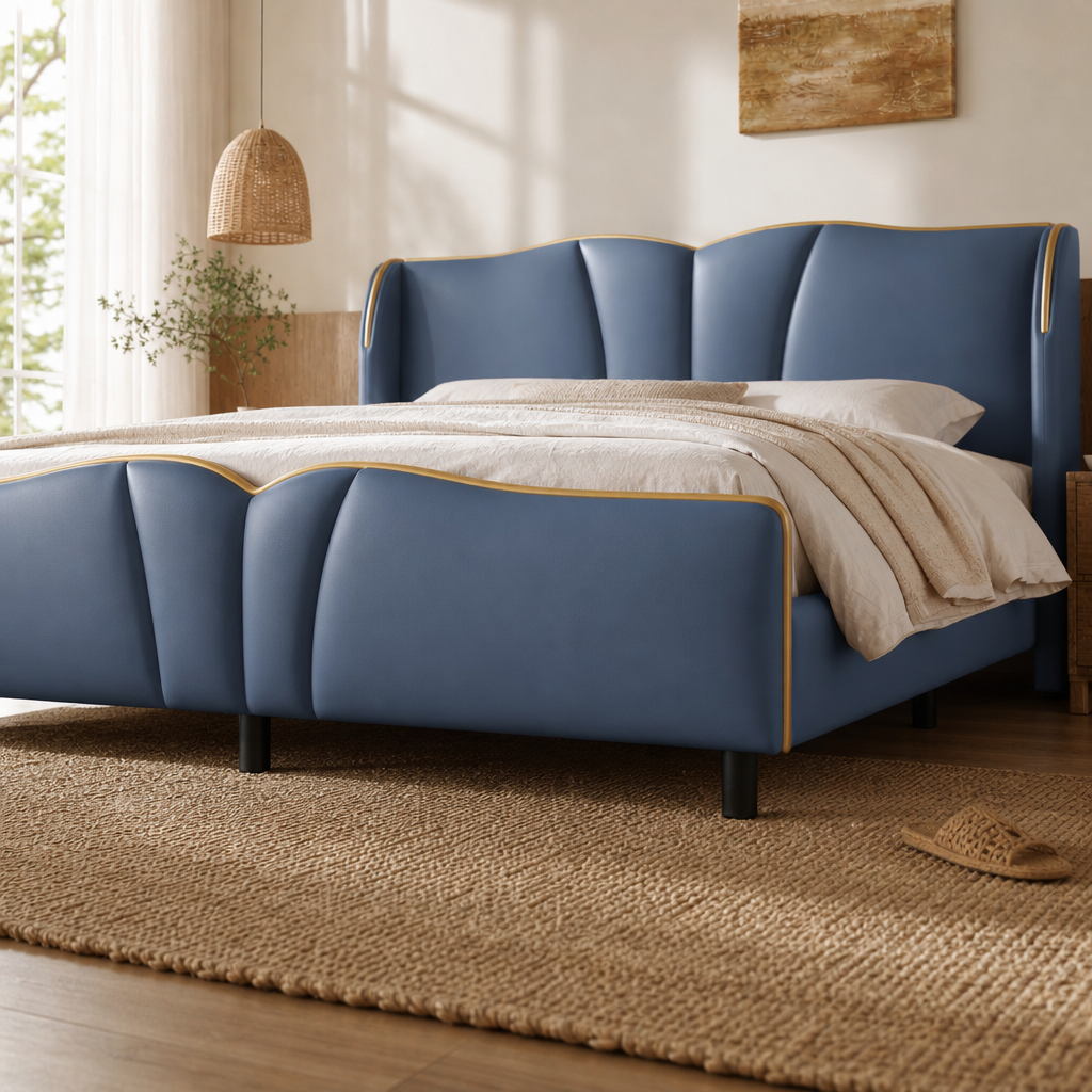 PU Leather Wingback Platform Bed