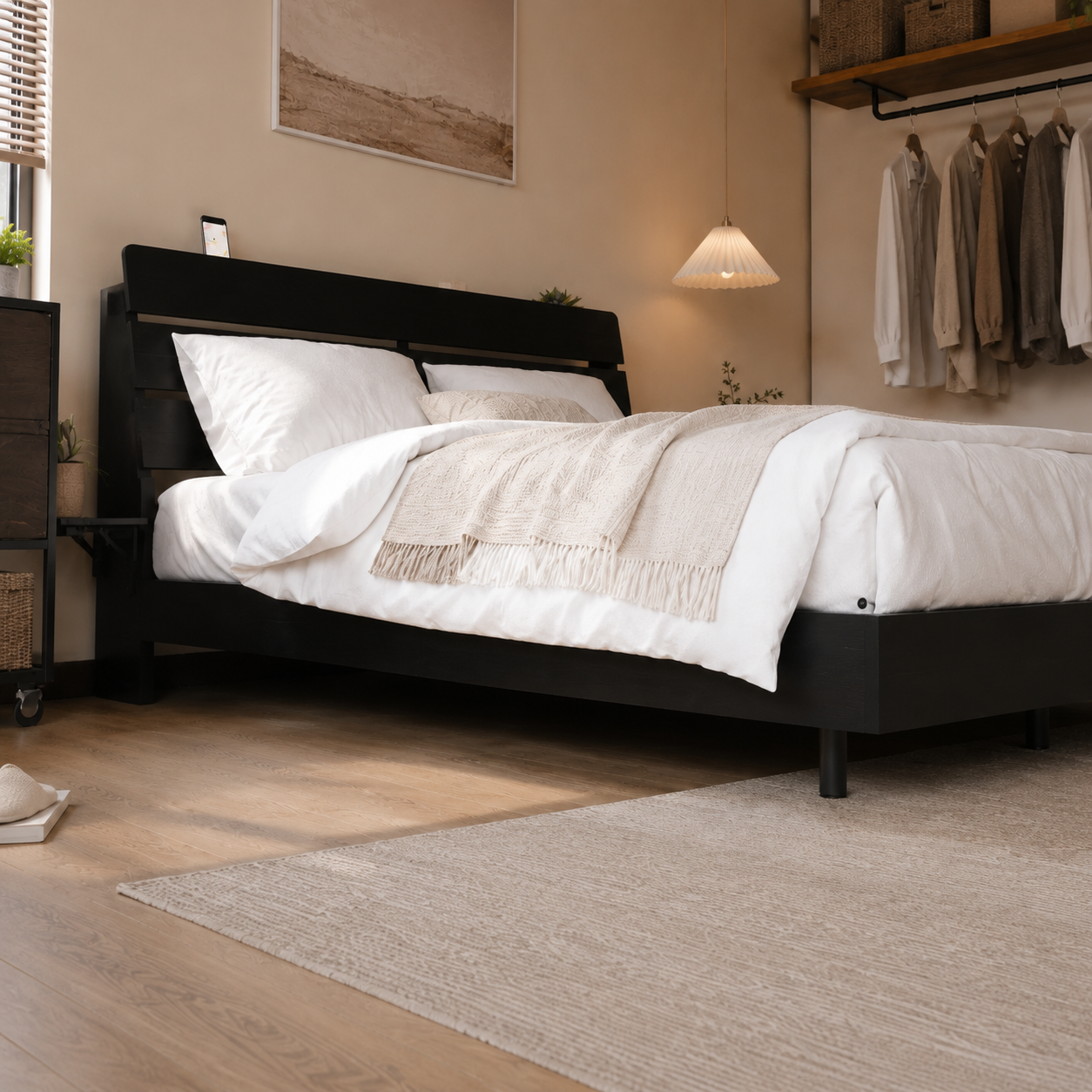 Wood Platform Bed with Bookshelf Storage Headboard