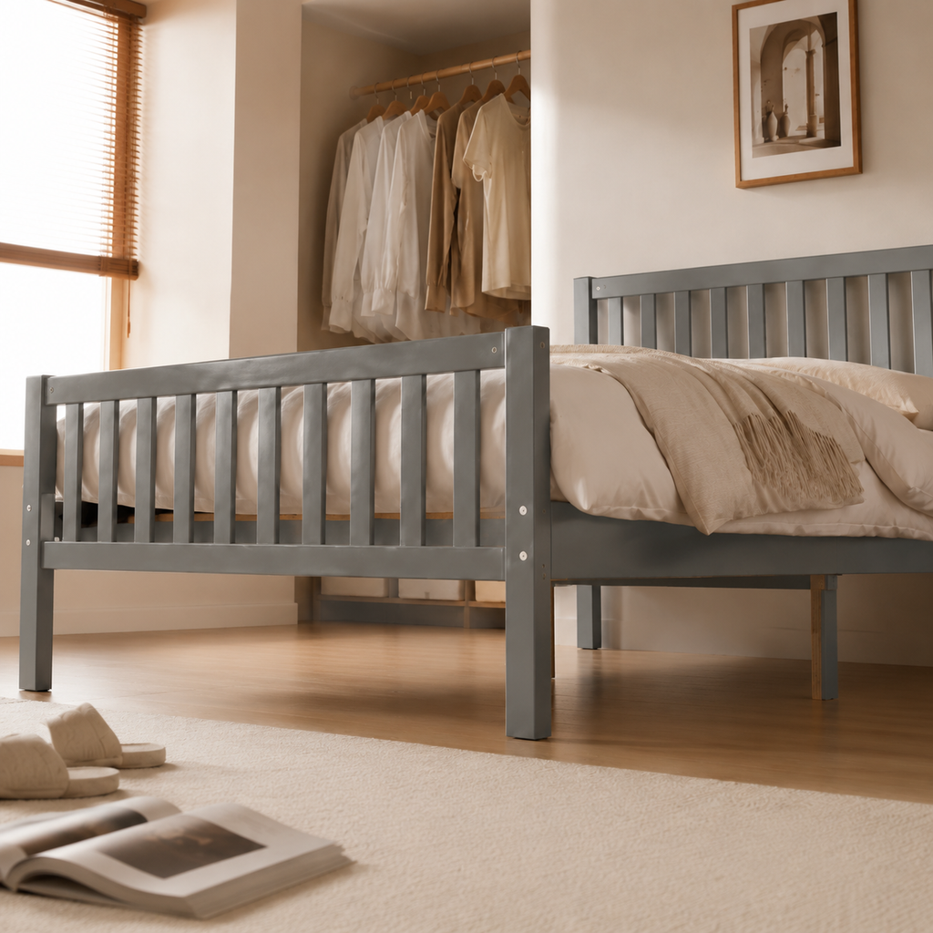 Wood Platform Bed with Guardrails on Both Sides