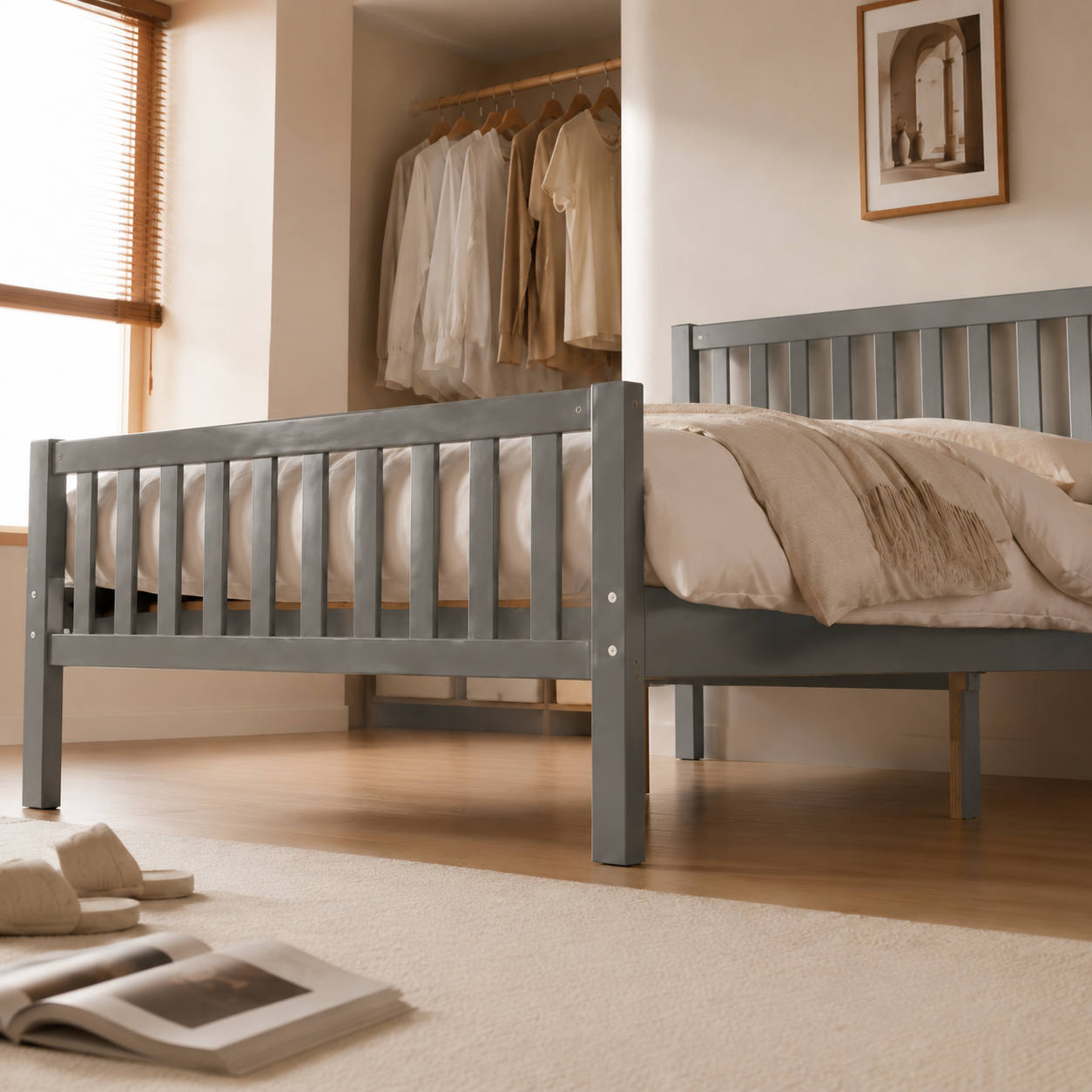 Wood Platform Bed with Guardrails on Both Sides