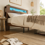 Wood Platform Bed with Bookshelf Storage Headboard