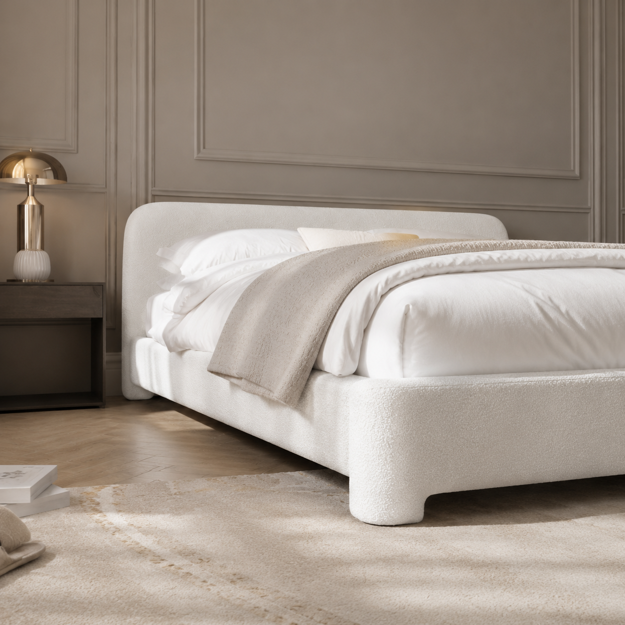 White Boucle Upholstered Low Profile Platform Bed