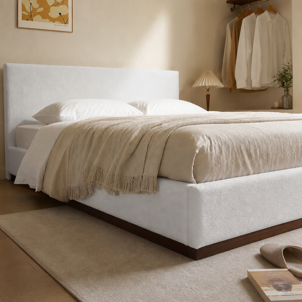 White Boucle Upholstered Platform Bed