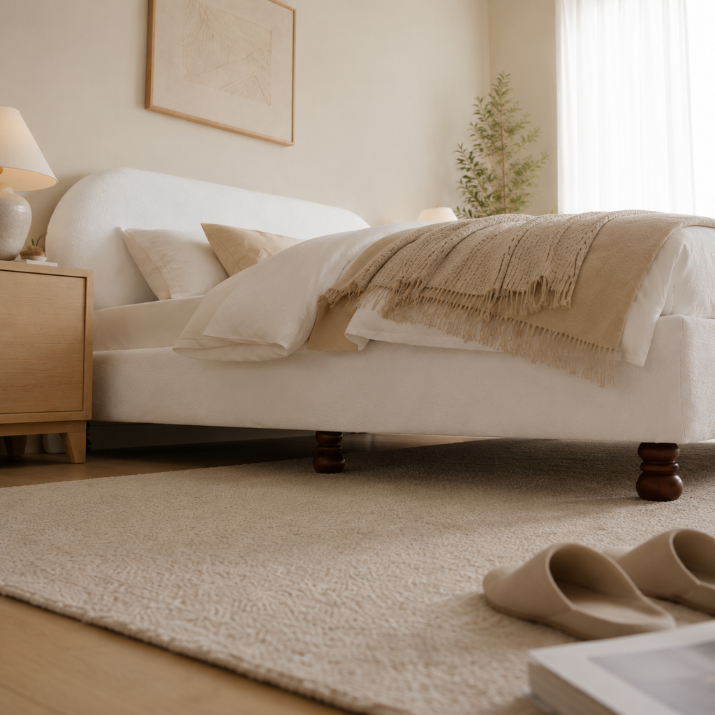 Cream Boucle Upholstered Platform Bed