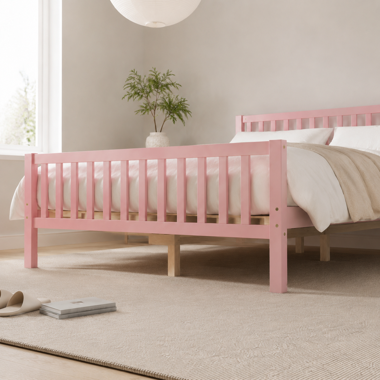 Wood Platform Bed with Guardrails on Both Sides