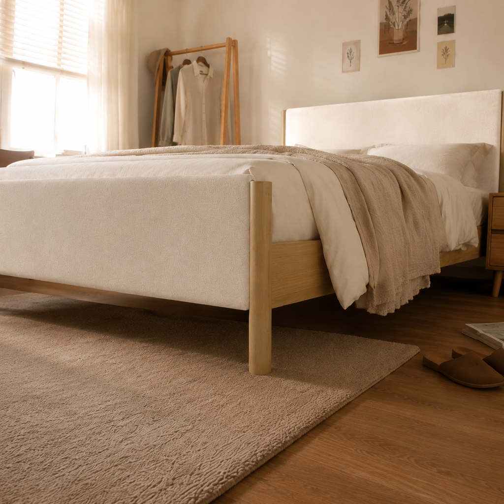 White Boucle Upholstered Platform Bed