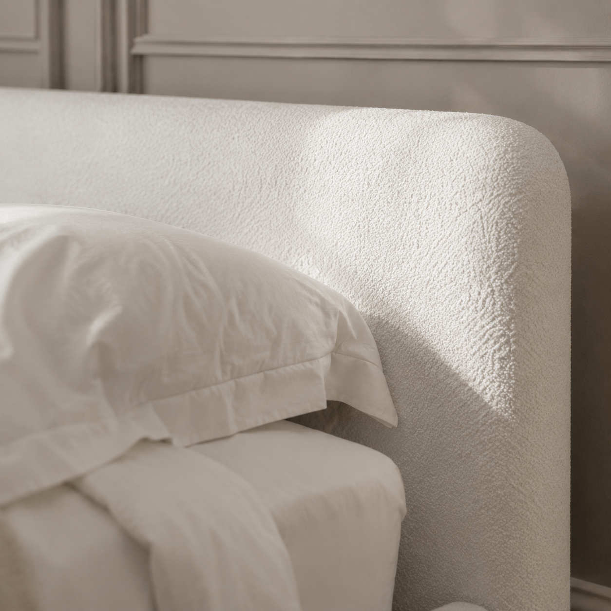 White Boucle Upholstered Low Profile Platform Bed