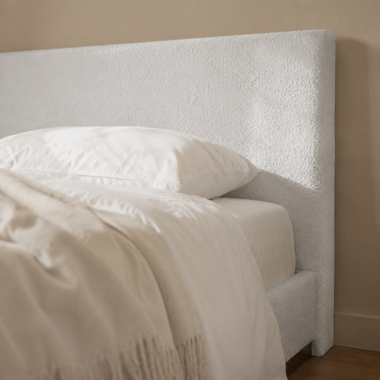 White Boucle Upholstered Platform Bed