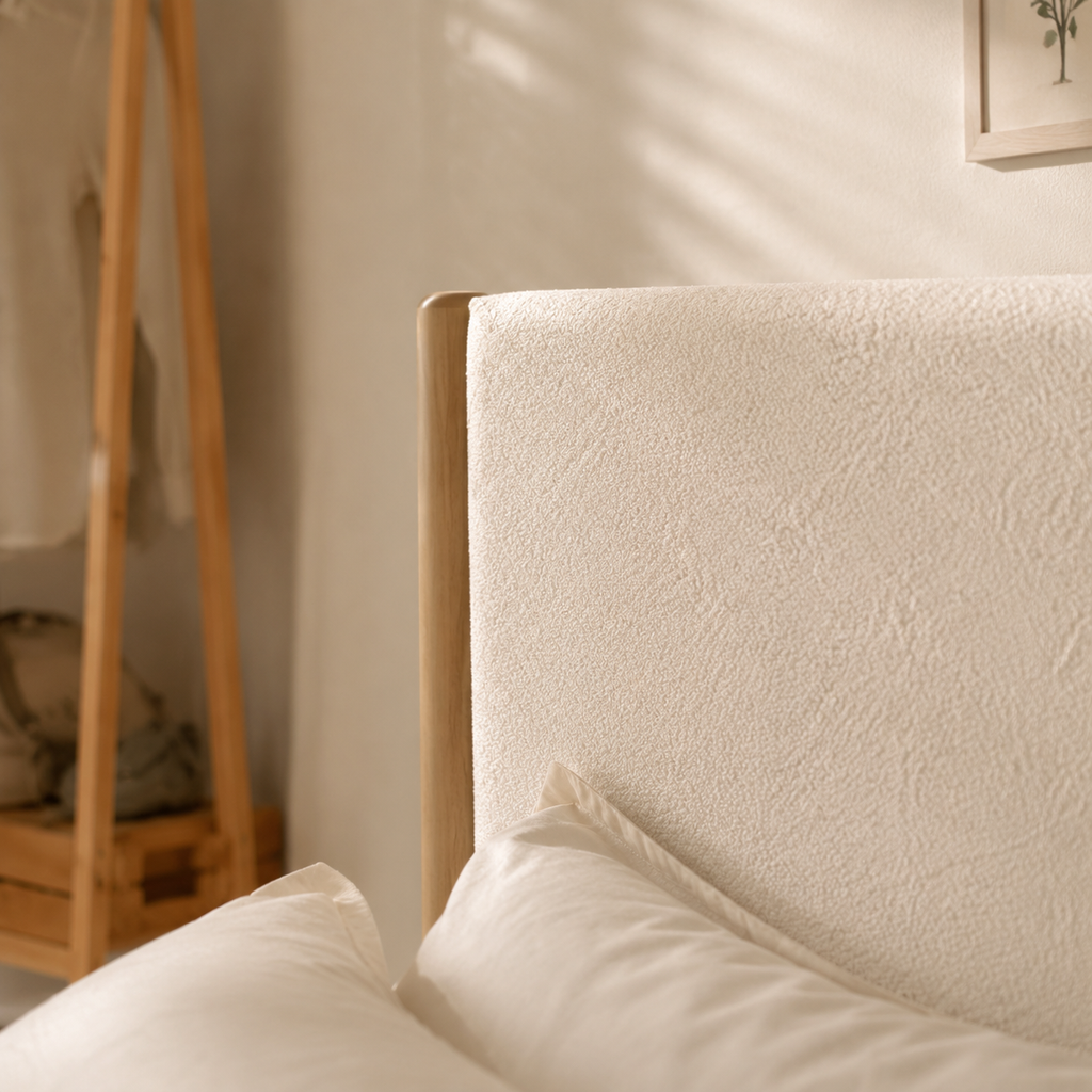 White Boucle Upholstered Platform Bed
