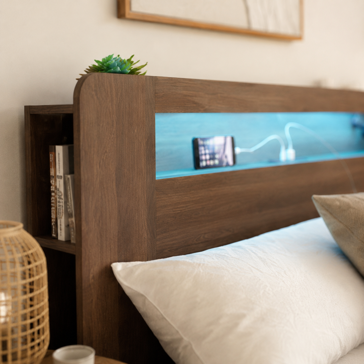 Wood Platform Bed with Bookshelf Storage Headboard