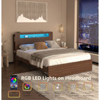 Wood Platform Bed with Bookshelf Storage Headboard