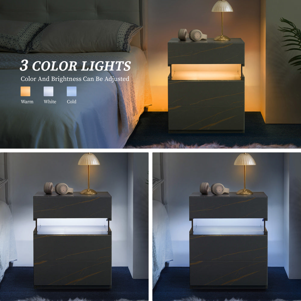 LED Nightstand with 3 Drawers & Acrylic Board — Multi-Color RGB LED Bedside Table | Modern Dresser | Spacious Nightstand Storage | Remote-Controlled Lighting | Bedroom, Living Room & Dorm | Particle Board + MDF | Grey+Gold