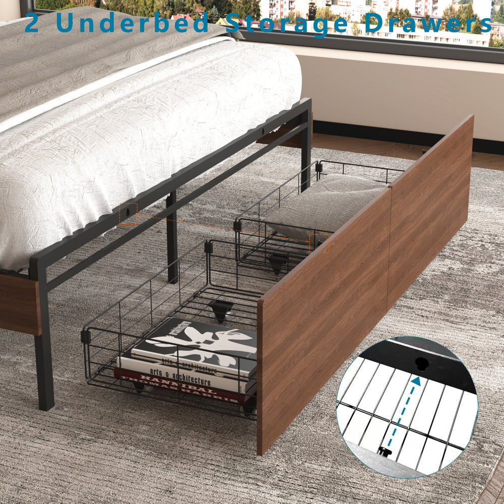 Wood Platform Bed with Bookshelf Storage Headboard