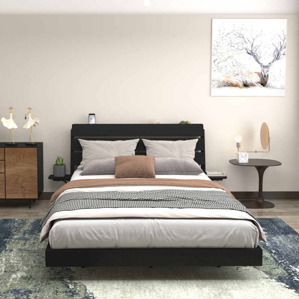 Wood Platform Bed with Bookshelf Storage Headboard