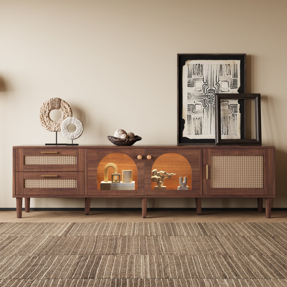 Rattan TV Stand with 3 Cabinets & 2 Drawers