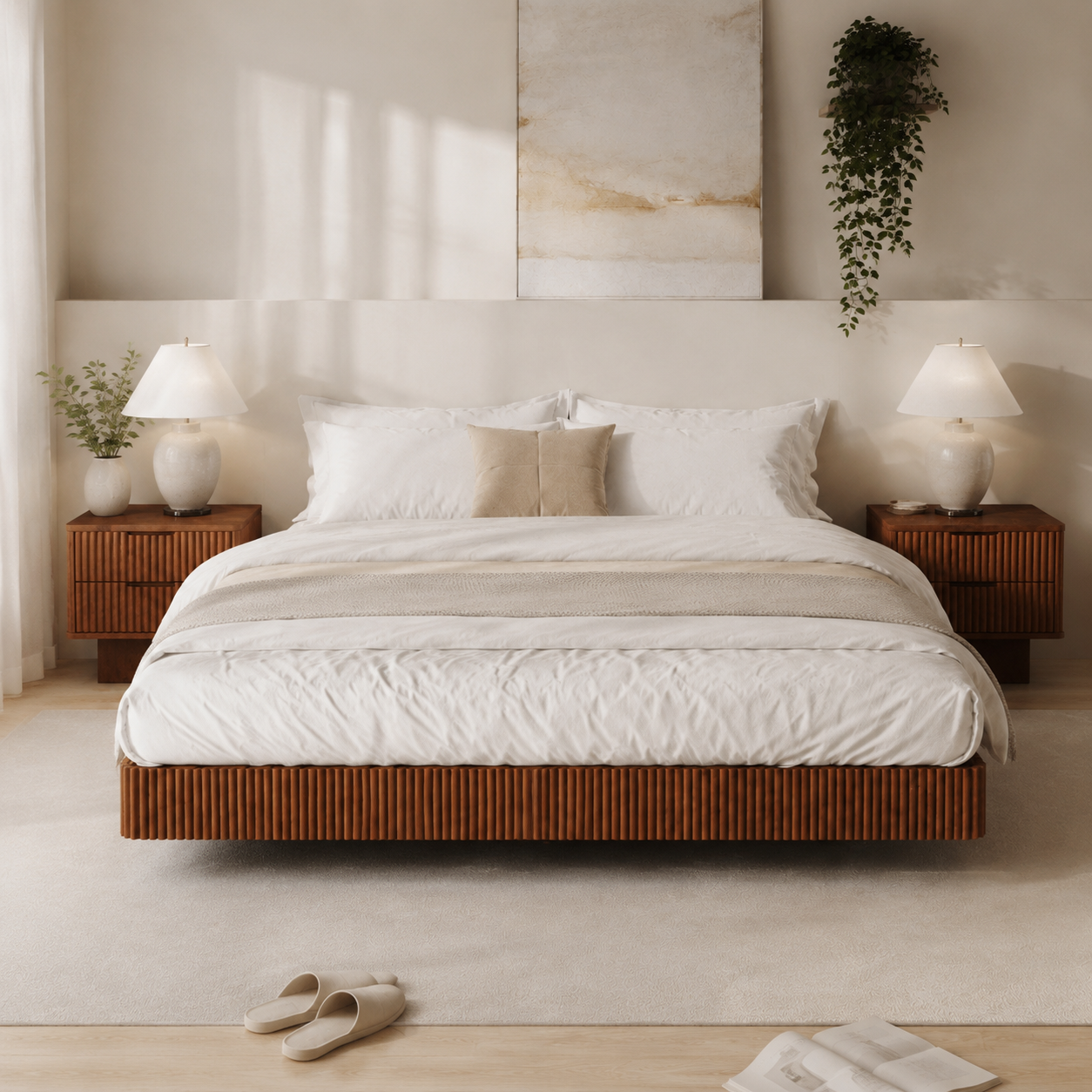 Oak King Floating Bed Frame with LED Lights