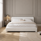 White Boucle Upholstered Low Profile Platform Bed