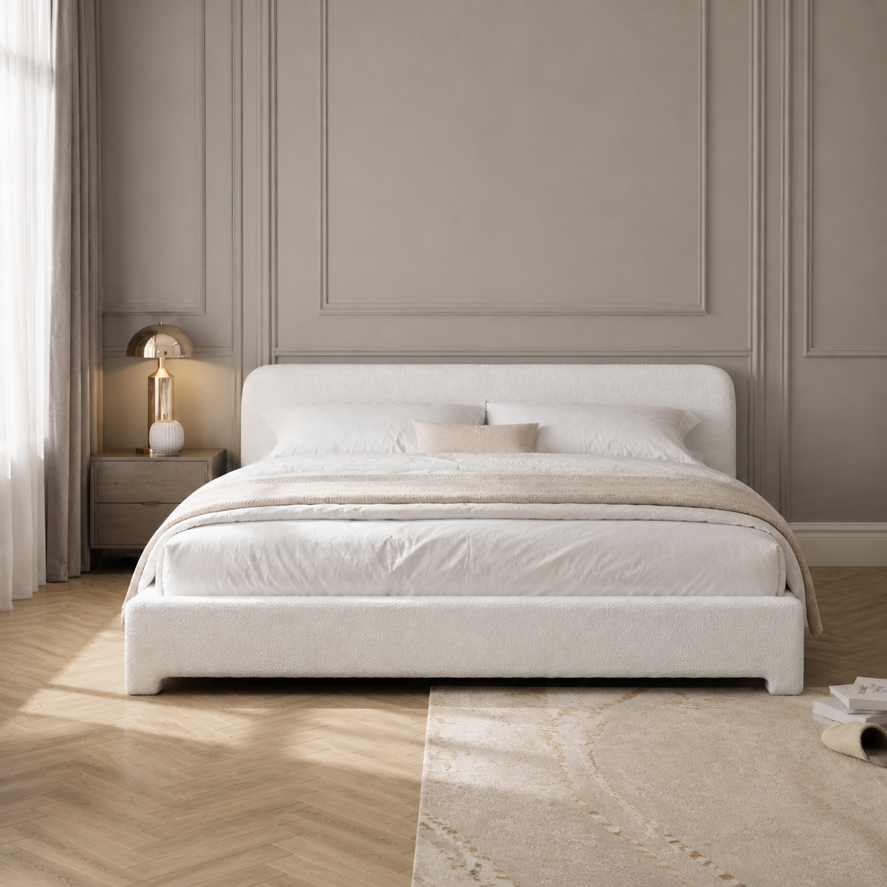 White Boucle Upholstered Low Profile Platform Bed