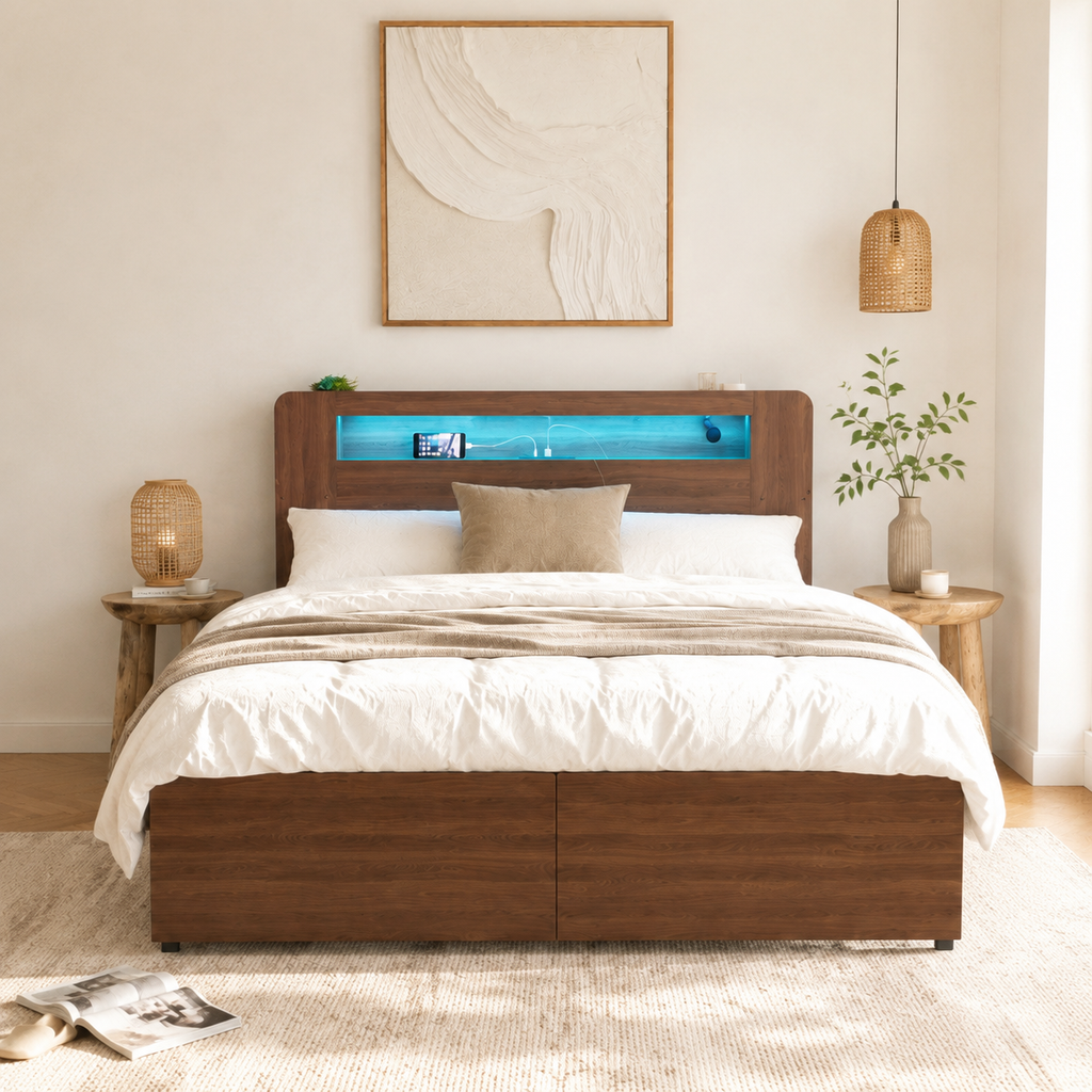 Wood Platform Bed with Bookshelf Storage Headboard