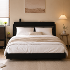 Wood Platform Bed with Bookshelf Storage Headboard