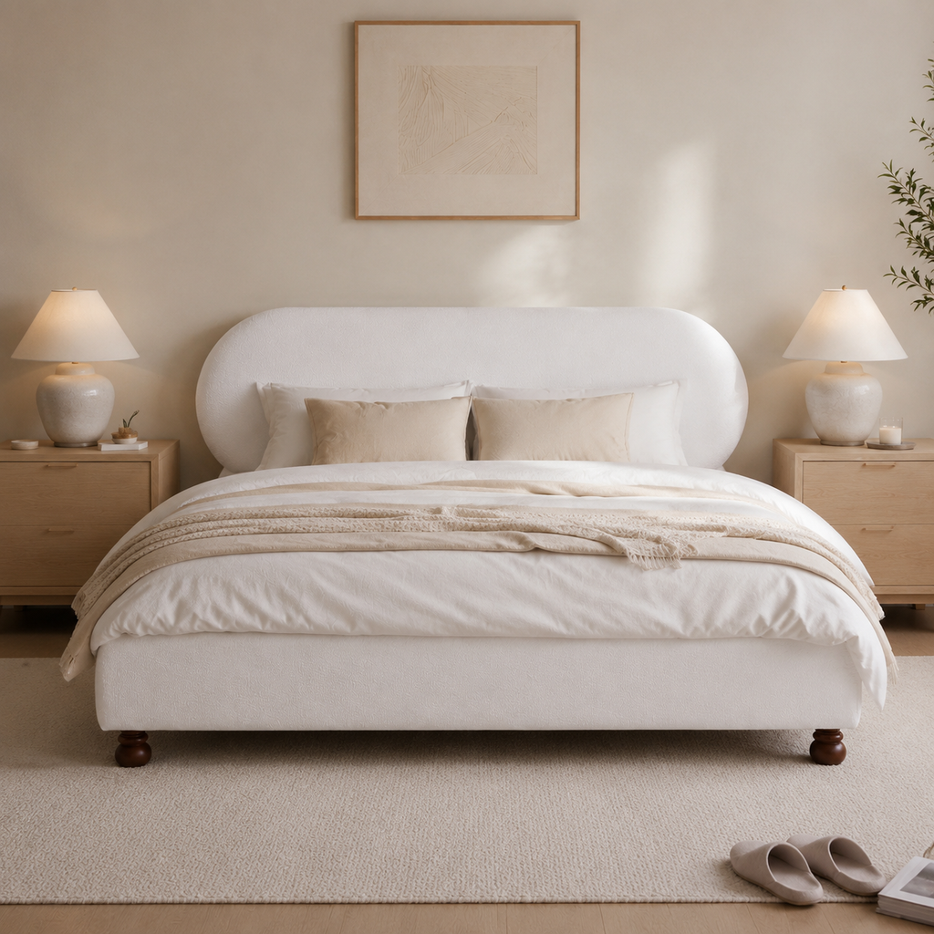 Cream Boucle Upholstered Platform Bed