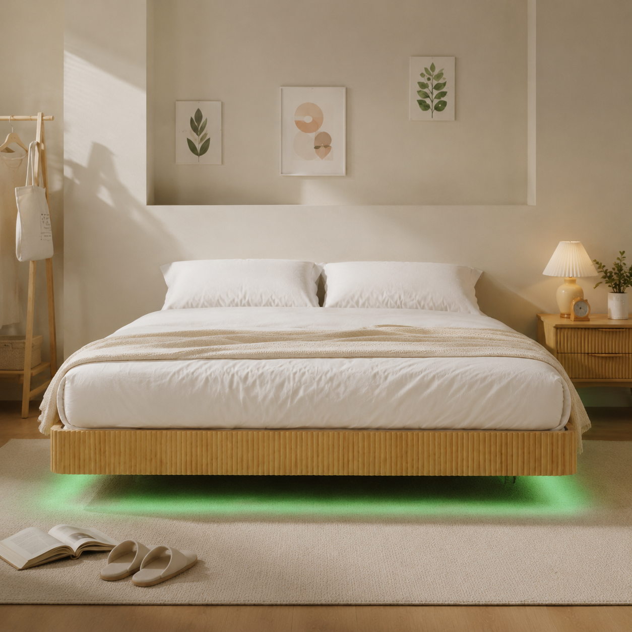 Oak King Floating Bed Frame with LED Lights