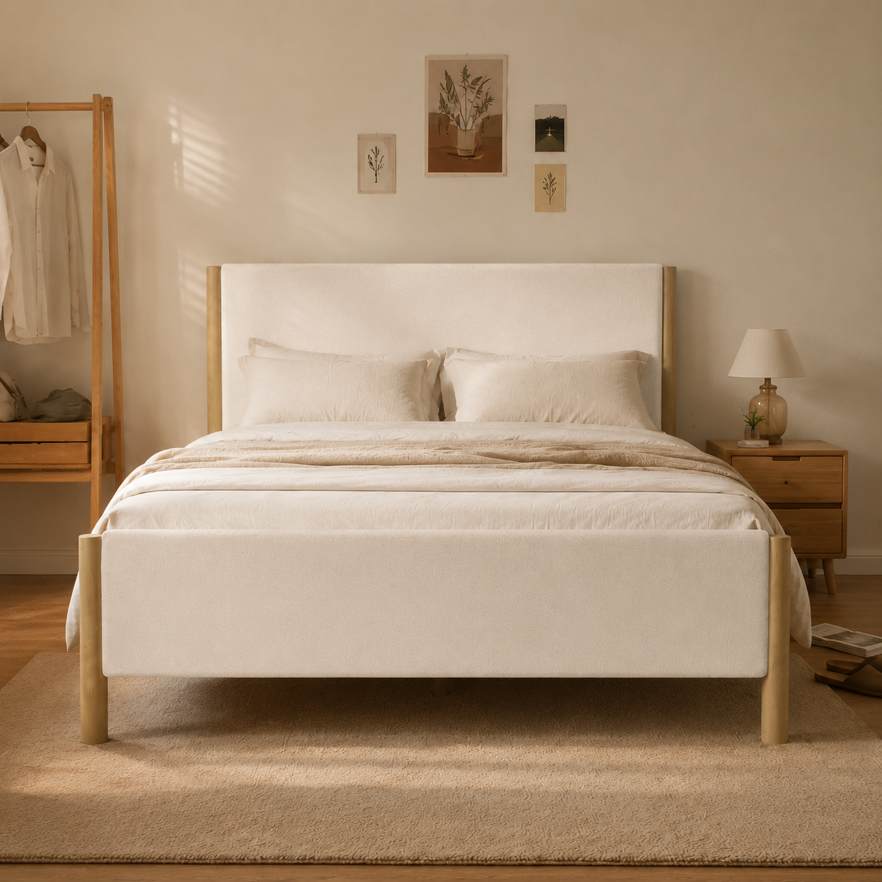 White Boucle Upholstered Platform Bed